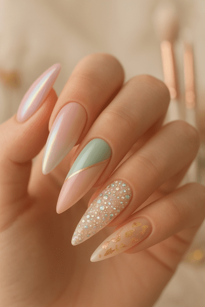 Almond and stiletto glue on nails with iridescent, pastel, and gold leaf nail art, fingers gracefully posed.