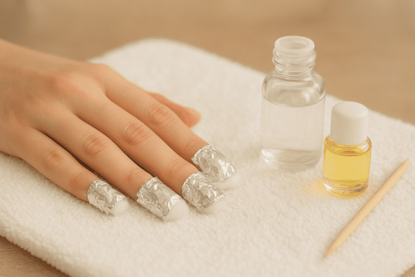Hand safely wrapped in foil and cotton for glue on nail removal, with acetone, cuticle oil, and wooden stick on a towel.
