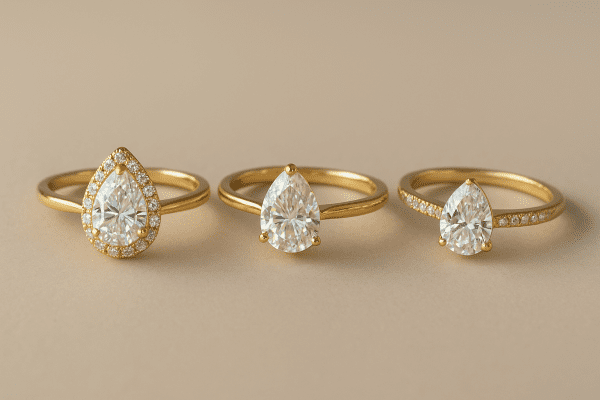 Minimalist gold engagement ring with pear moissanite, halo, solitaire, and Pavé side stone options on neutral background.