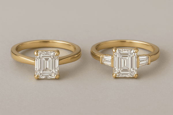 Two yellow gold emerald cut moissanite rings side by side on a light gray textured surface.