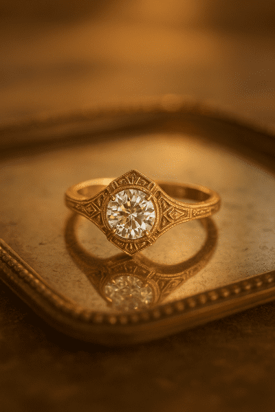 Vintage-style gold Art Deco moissanite ring with milgrain details on an antique mirrored tray.