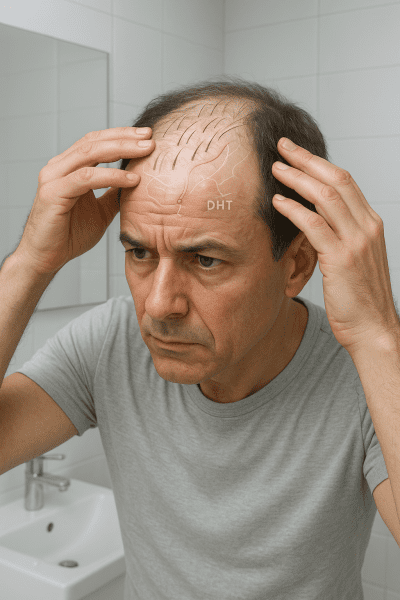 A concerned middle-aged man examines a receding hairline in a clean modern bathroom, with a transparent diagram showing DHT effects on hair follicles.