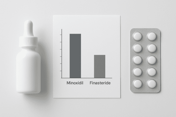 Generic minoxidil bottle, finasteride blister pack, and a printed bar chart arranged neatly on a clinical white tabletop.