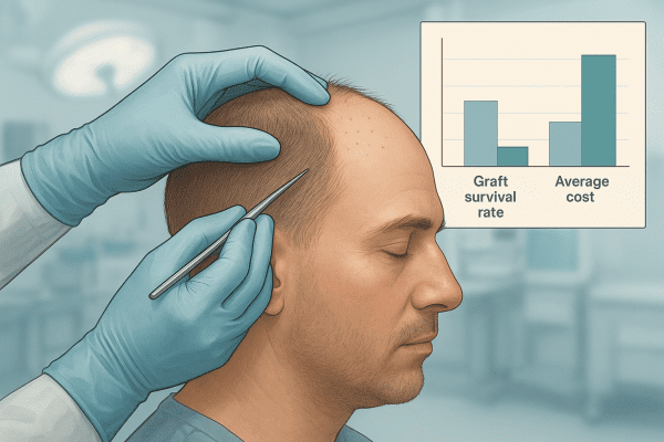 Close-up illustration of hair transplant surgery on a man's scalp, with an inset chart comparing graft survival and costs.
