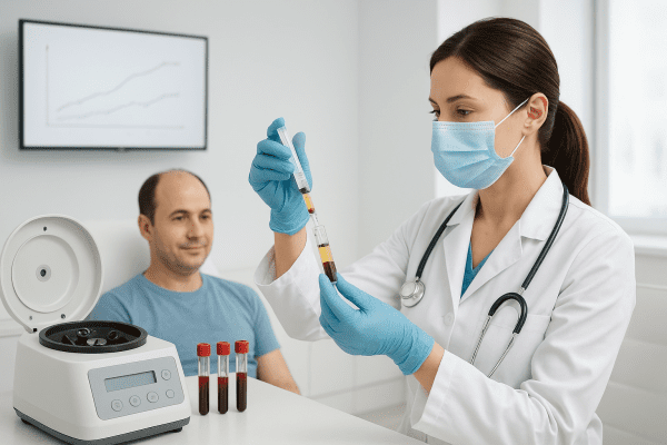 Clinician prepares a PRP syringe beside a centrifuge, with a calm male patient and a monitor showing trial data in a spotless clinic.