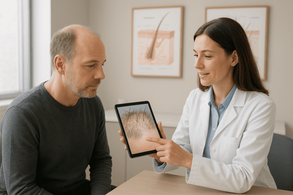 A dermatologist demonstrates scalp analysis to a concerned male patient in a calm, modern clinic.