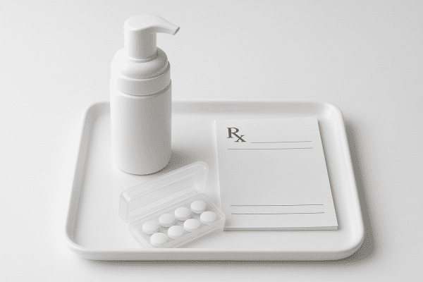 Minoxidil foam and finasteride tablets with a prescription pad on a white tray.