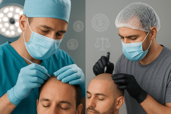 Split view of surgical hair transplant and scalp micropigmentation with cost icons in the background.