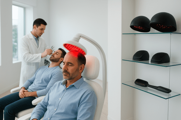 Clinic scene with laser therapy, PRP injection, and home-use devices on display.