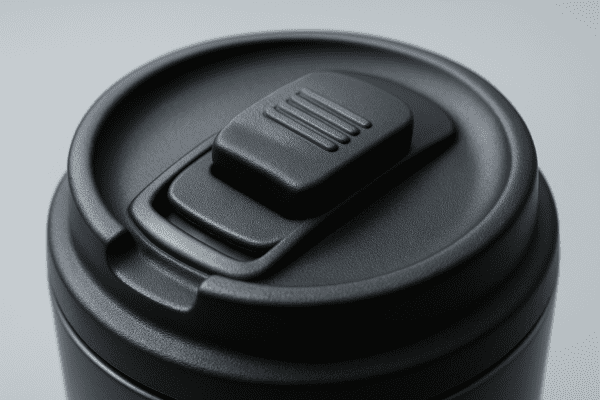 Macro image of insulated mug's closed slider, showing tactile grip and silicone seal on a satin-finish lid with a plain background.