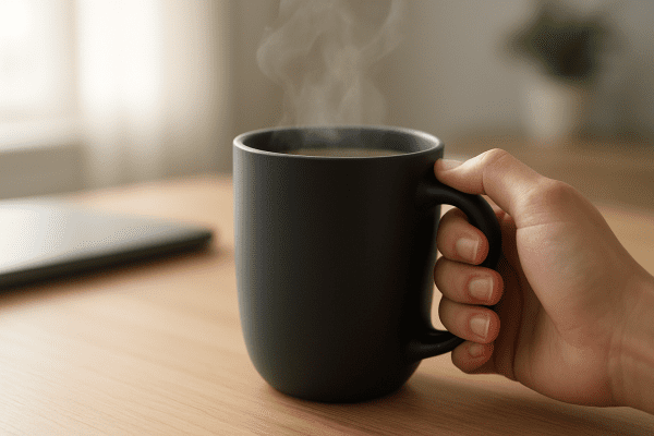 Hand holding an ergonomic mug handle with visible steam, in soft morning light at a home office desk.