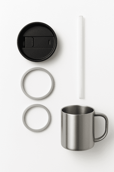 Flat lay of insulated mug disassembled lid, straw, silicone rings, mug on a bright white surface.