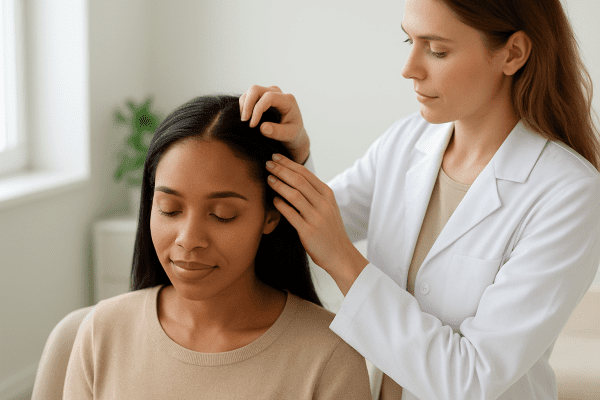 A dermatologist gently examines a healthy adult scalp in a tranquil, sunlit clinic room.