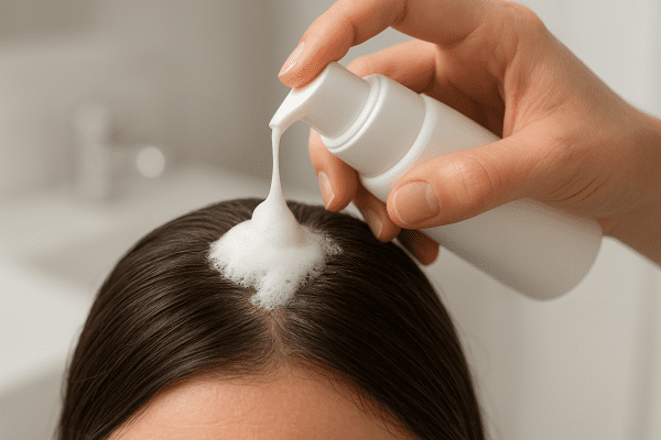 Close-up of a hand applying medicated shampoo on a scalp, gentle lather forming.
