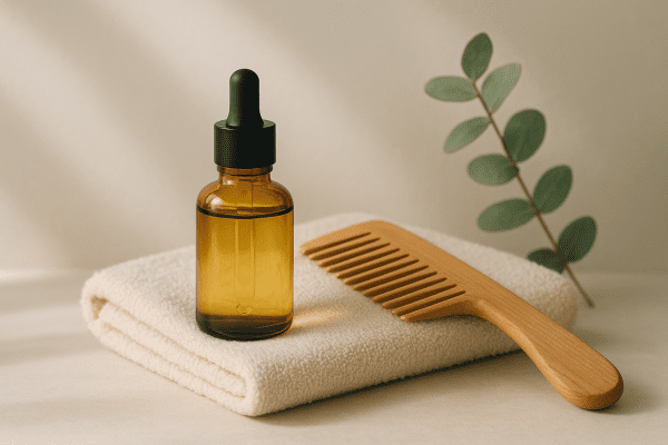 A clear dropper bottle of moisturizing scalp oil on a towel with wooden comb and eucalyptus sprig.