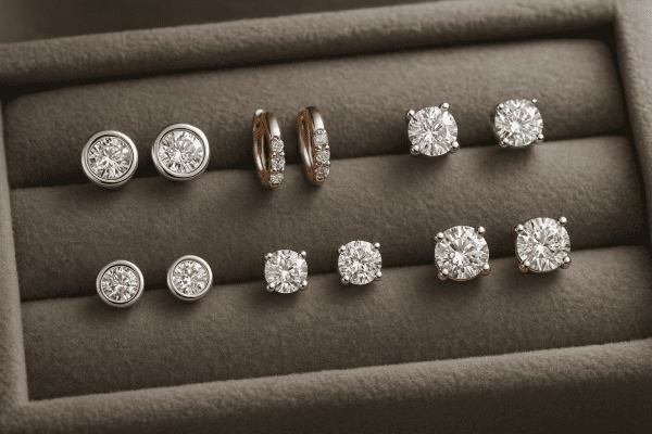 A modern arrangement of lab diamond stud and hoop earrings displayed on a grey velvet tray.