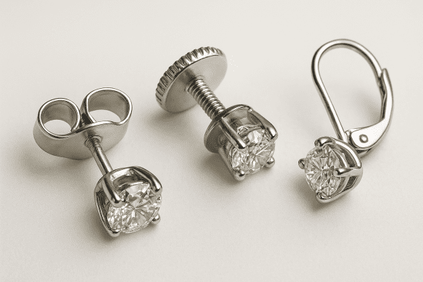 Macro view of various secure lab diamond earring backings on a matte surface.