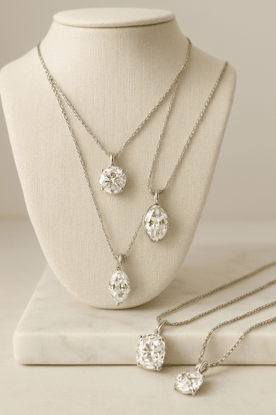 Lab diamond pendant necklaces with various cuts and chain styles, displayed on a linen bust and marble slab.