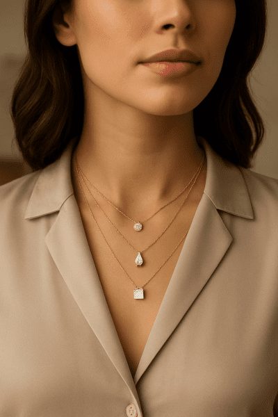 Model styled with layered lab diamond pendants in different shapes and chain lengths, wearing a simple silk blouse.