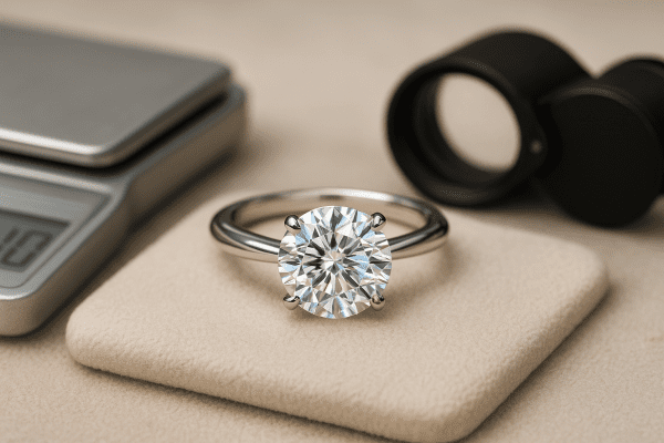 Macro image of a flawless lab grown diamond ring on suede, with a digital carat scale and loupe nearby.