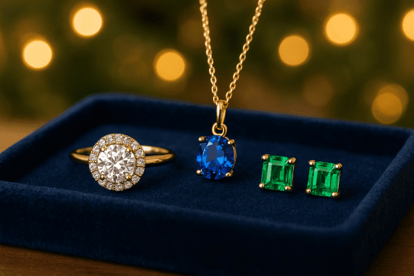 Flat lay of halo diamond ring, sapphire pendant, and emerald studs on blue velvet with festive bokeh.
