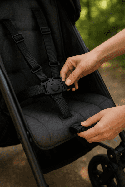 Hands securing a strollers five-point harness and operating wheel lock in a leafy outdoor setting.