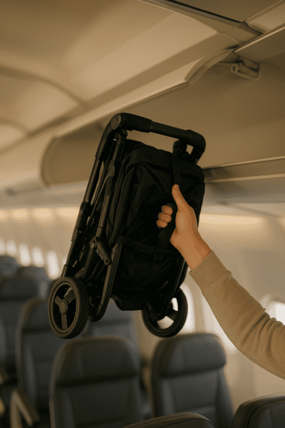 Parent folding a stroller to fit into an airplanes open overhead bin, cabin interior softly lit.