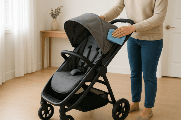 Parent gently cleaning a stroller in a bright, organized home entryway.