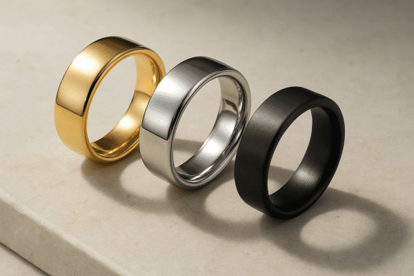 Gold, platinum, and black tungsten men's rings displayed on a pale stone slab.