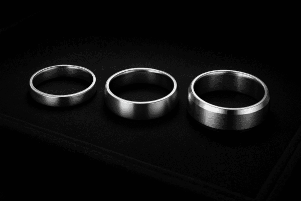 Ascending men's wedding band widths on a black suede tray, showing fit variations.