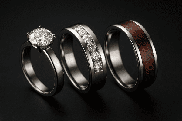 Men's rings with round diamond, channel-set diamonds, and wood inlay, close-up.