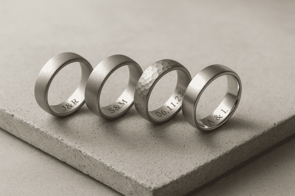 Open men's rings showing custom engravings and finishes on a concrete surface.