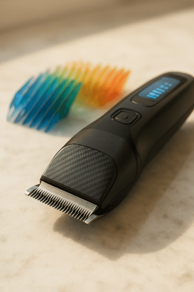 Men's hair clippers with carbon steel blades, robust motor, colorful guards, and a digital battery display on a marble countertop.