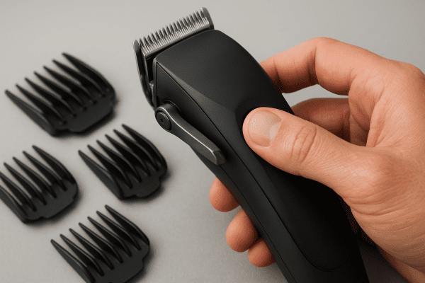 Hand adjusting precision lever on men's clippers, with combs and torque details visible.