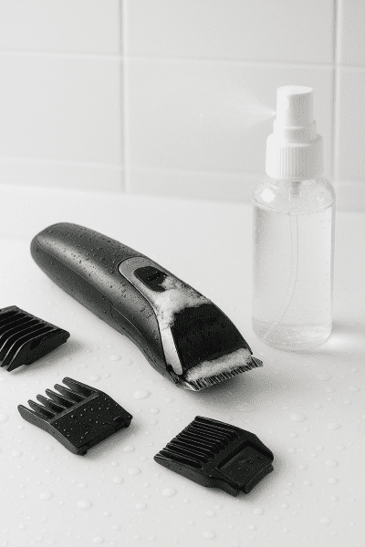 Men's hair clippers and guards being sanitized with a brush and antibacterial spray.