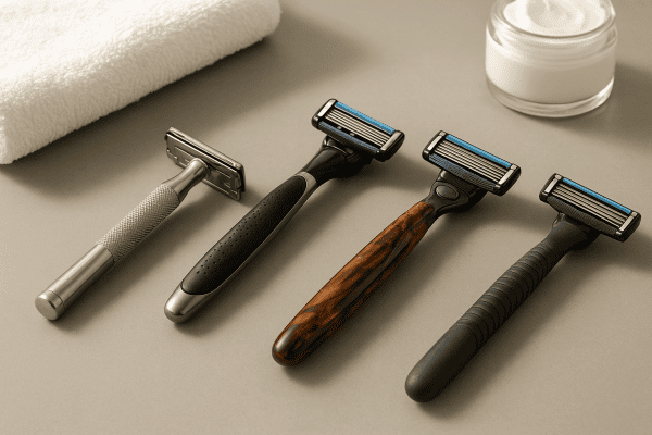Assorted men's razors with diverse blades and handles on a matte surface, with a towel and grooming jar in the background.