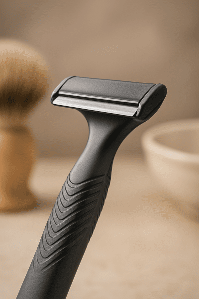 Macro close-up of a steel razor blade edge and ergonomic handle grip, with blurred brush and soap bowl behind.