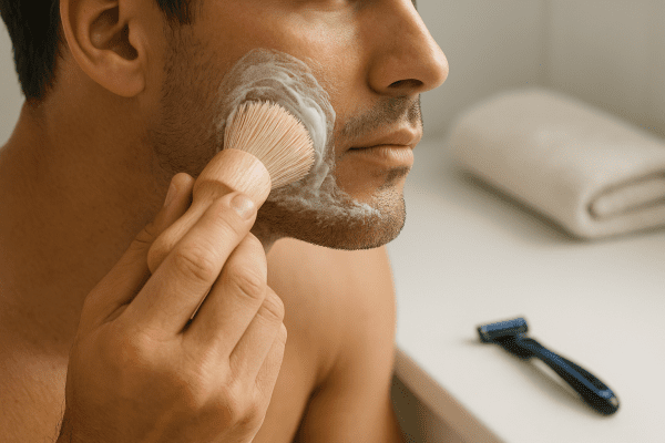 Man exfoliating with a brush and applying shaving gel, with razor and towel on clean vanity.