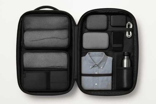 Overhead view of a men's travel backpack opened clamshell style, showing modular packing cubes and organized compartments.