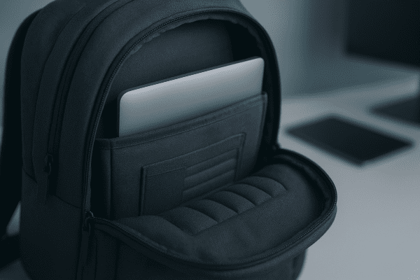 Close-up of men's travel backpack showing padded laptop sleeve with foam ridges and RFID pocket, tech device partially inserted.