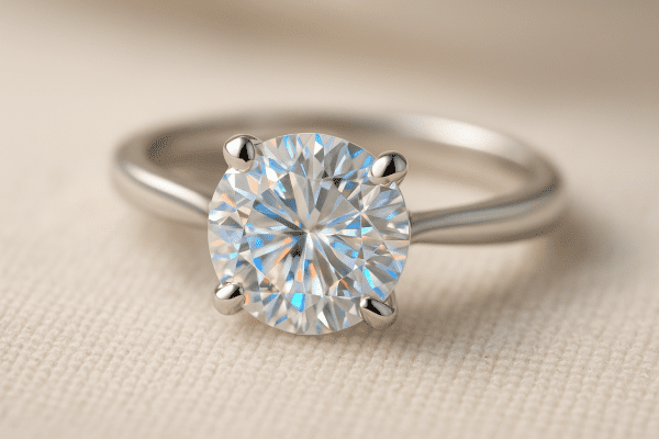 Macro image of a round moissanite engagement ring on linen, showing vibrant flashes of fire.