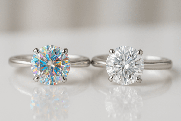 Moissanite and diamond solitaire rings side-by-side on a glossy white surface, highlighting their sparkle.