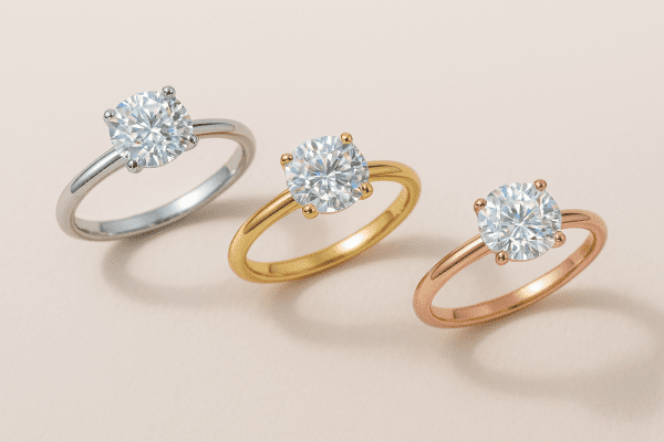 Three moissanite rings in platinum, yellow gold, and rose gold diagonally on a matte ivory surface.