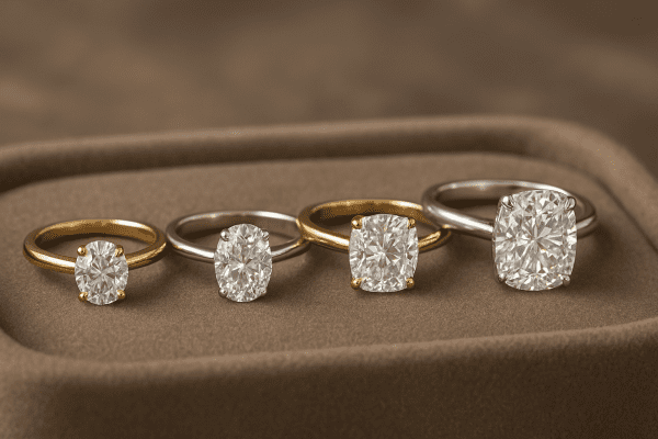 A detailed macro of moissanite wedding rings in various shapes and carat sizes on a taupe velvet tray.