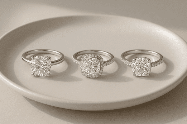 Three cushion cut moissanite rings, each with a different setting, on a minimalist white ceramic plate.