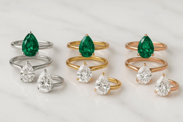 Emerald and pear moissanite rings in various golds, arranged on a polished marble surface.