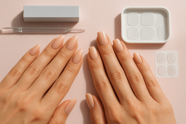Two manicured hands showcase various modern artificial nail shapes, surrounded by manicure tools and adhesive tabs.