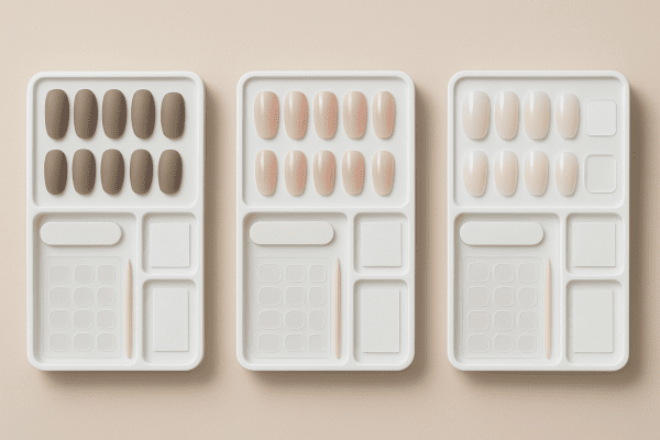 A flat lay showing three open no glue press on nail kits with varied nail styles and organized accessories.