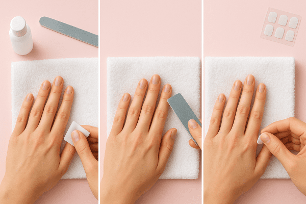 A segmented visual guide showing nail prep: cleaning, buffing, and applying adhesive tabs before press ons.