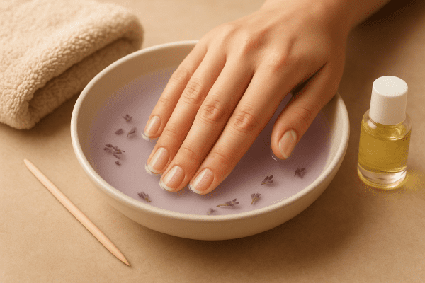 A close-up of a hand soaking in lavender water, preparing for safe, gentle press on nail removal.